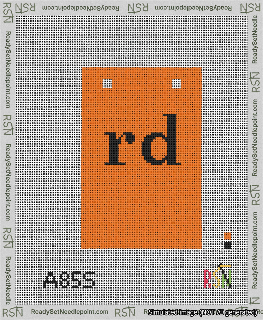 A taped needlepoint canvas with the design: Banner 13 mesh count Squared rd Black on Orange.