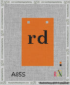 A taped needlepoint canvas with the design: Banner 13 mesh count Squared rd Black on Orange.