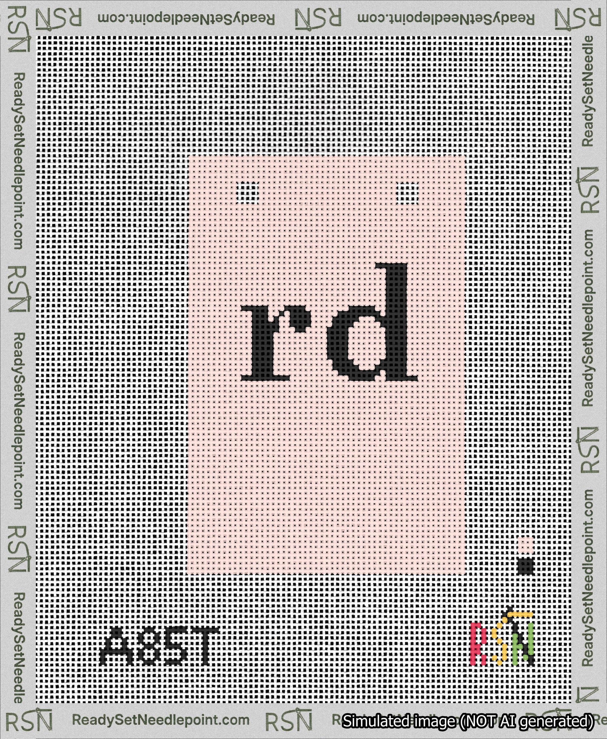 A taped needlepoint canvas with the design: Banner 13 mesh count Squared rd Black on Pink.