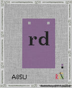 A taped needlepoint canvas with the design: Banner 13 mesh count Squared rd Black on Purple.