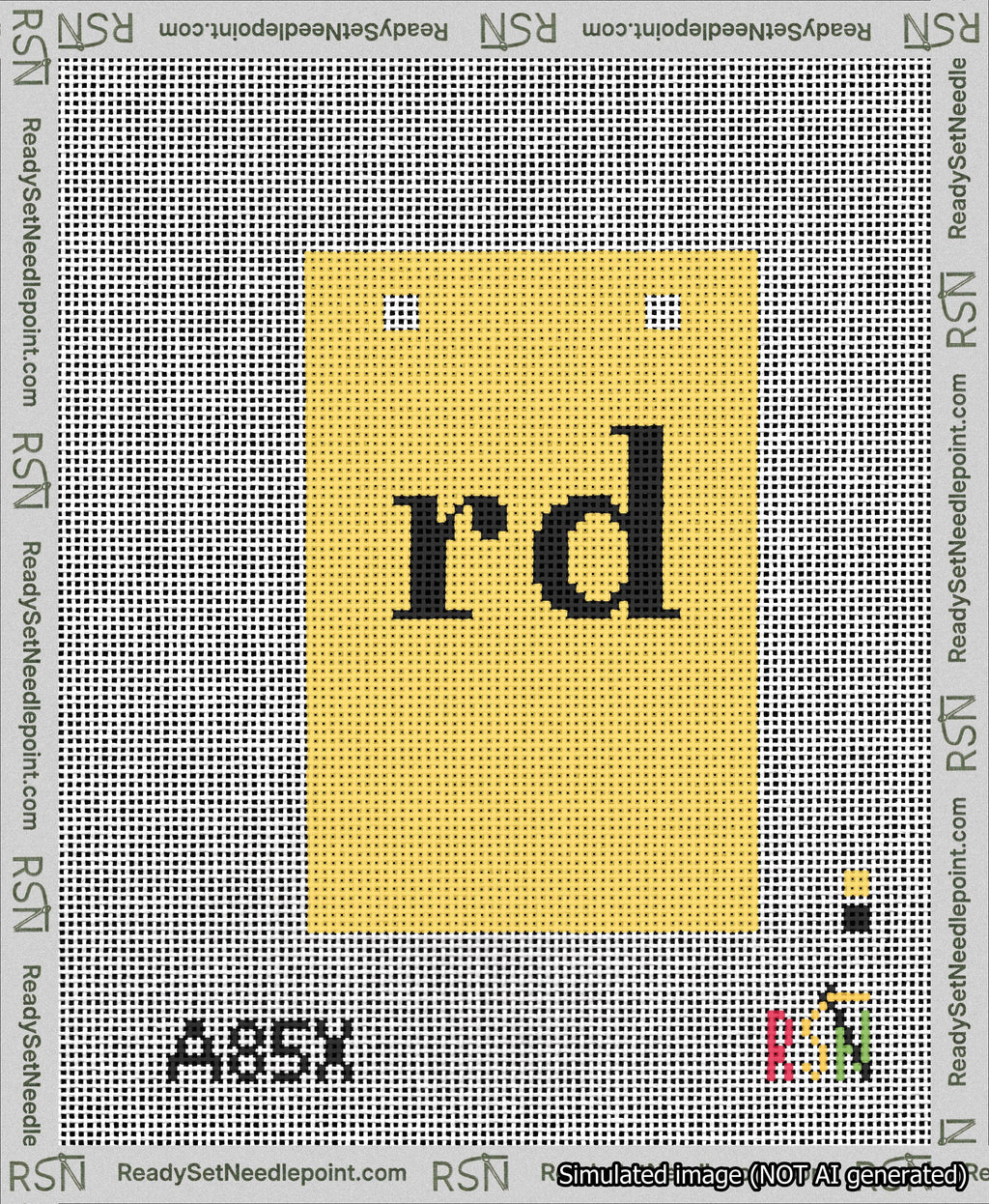 A taped needlepoint canvas with the design: Banner 13 mesh count Squared rd Black on Yellow.