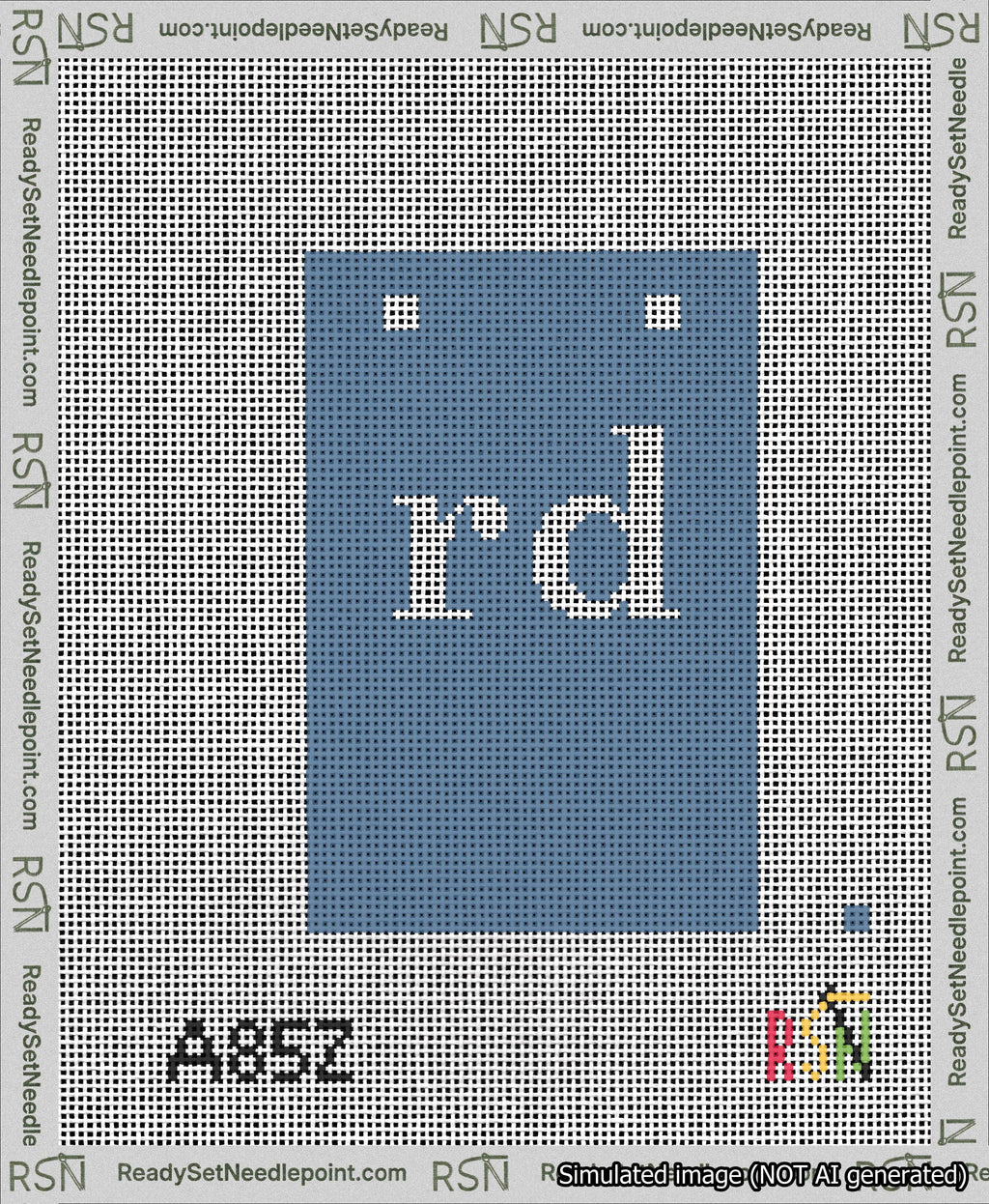 A taped needlepoint canvas with the design: Banner 13 mesh count Squared rd White on Blue.