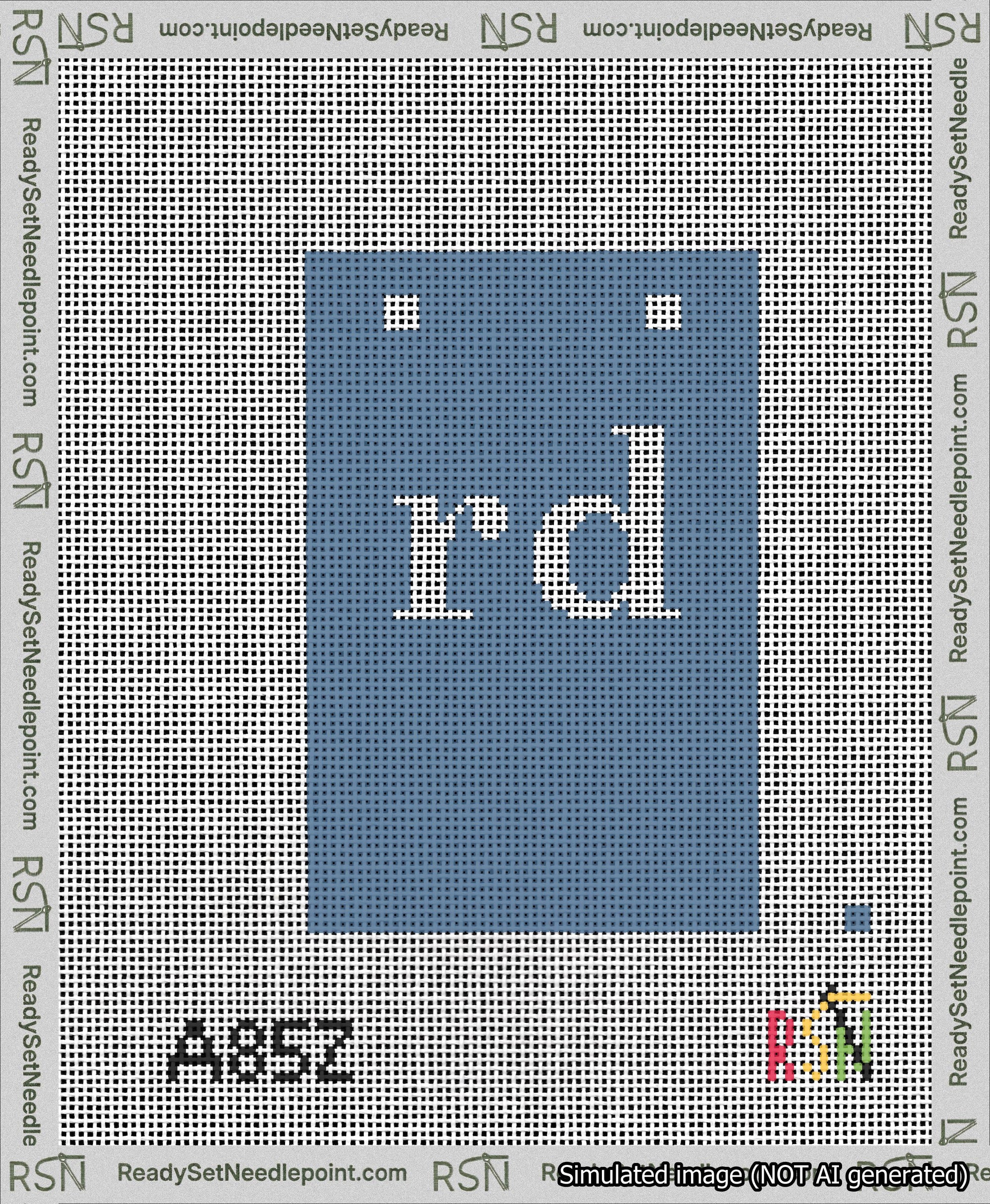 A taped needlepoint canvas with the design: Banner 13 mesh count Squared rd White on Blue.