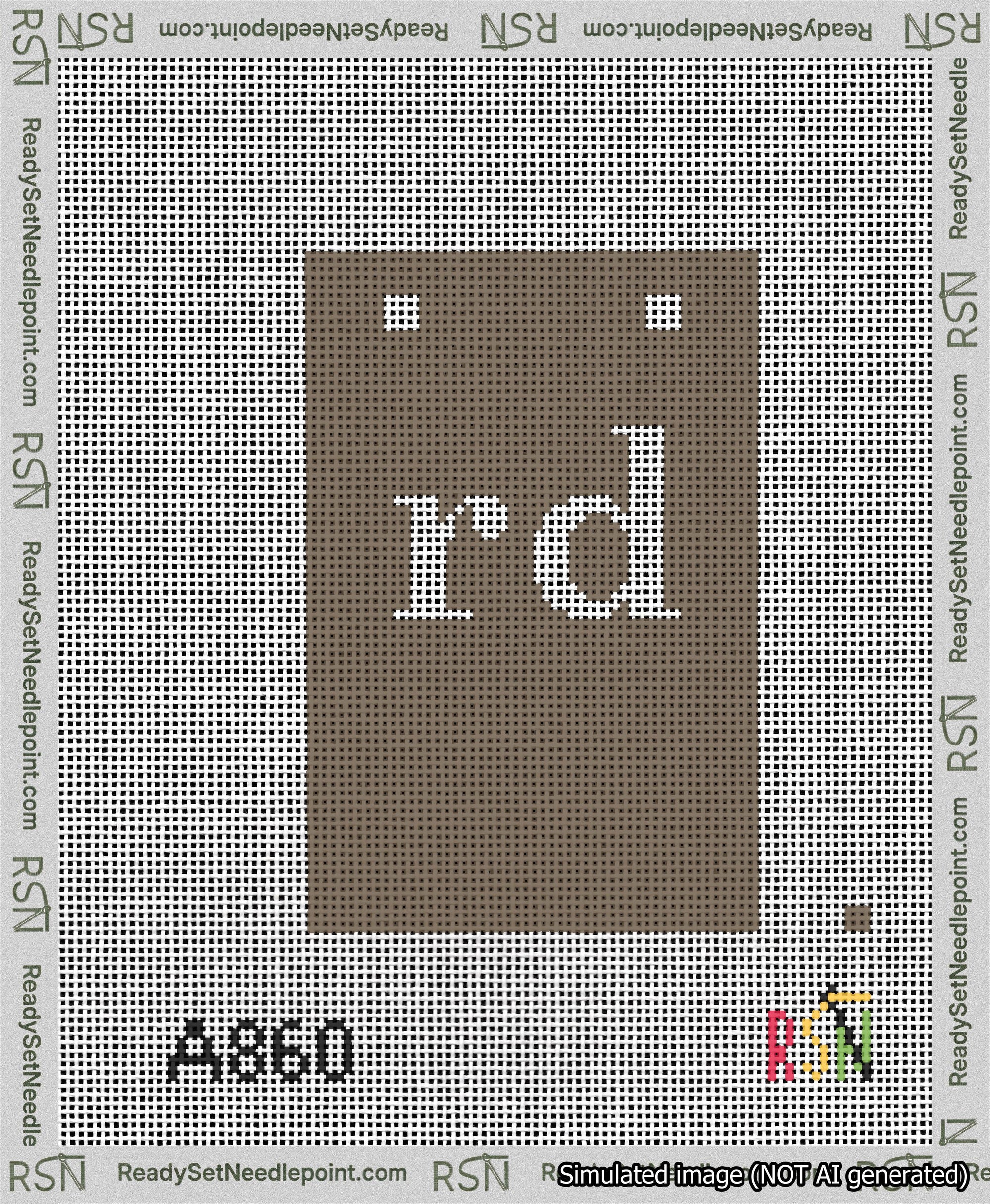 A taped needlepoint canvas with the design: Banner 13 mesh count Squared rd White on Brown.