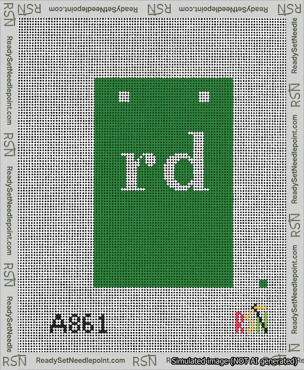 A taped needlepoint canvas with the design: Banner 13 mesh count Squared rd White on Green.