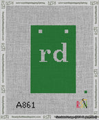 A taped needlepoint canvas with the design: Banner 13 mesh count Squared rd White on Green.