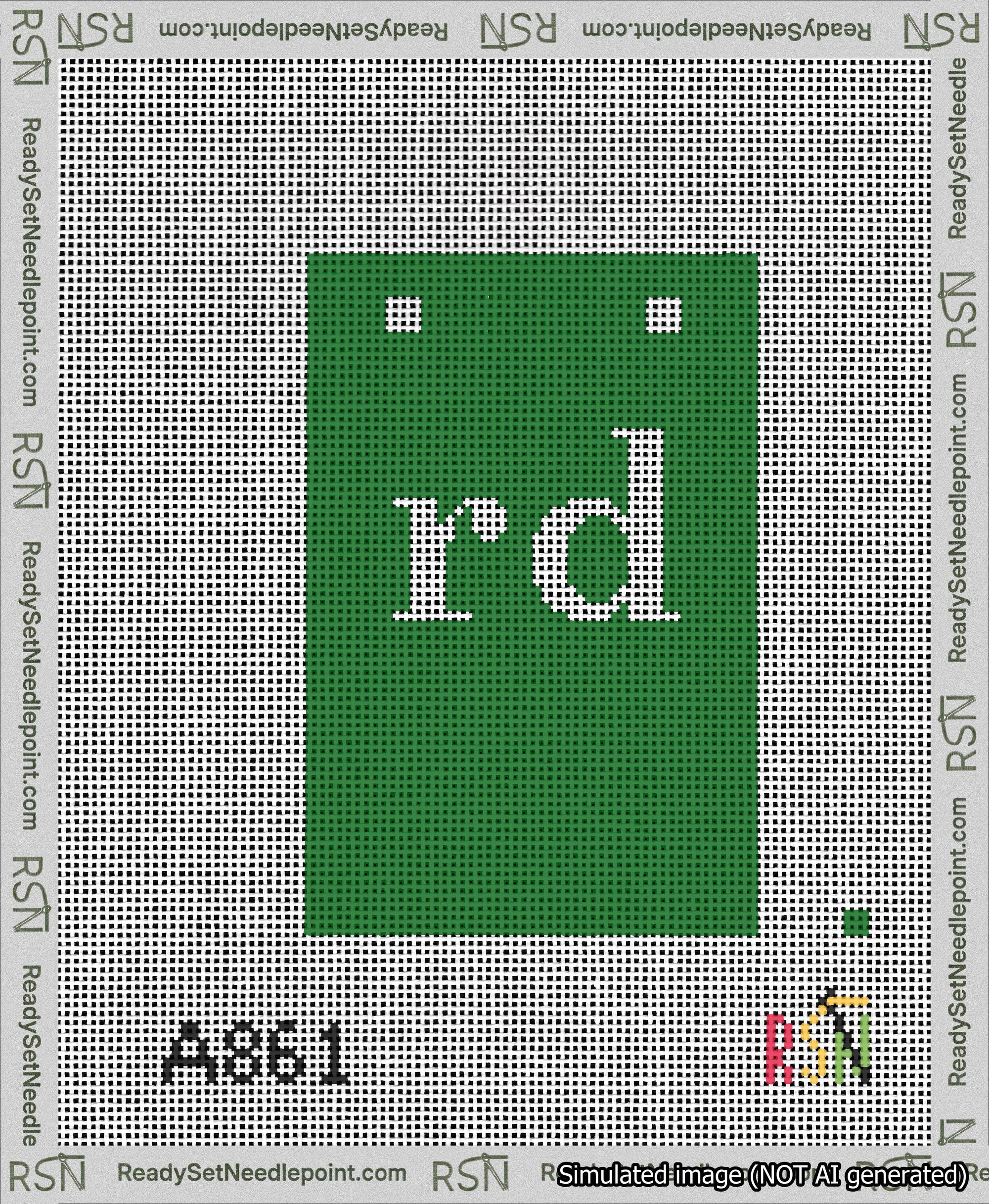 A taped needlepoint canvas with the design: Banner 13 mesh count Squared rd White on Green.