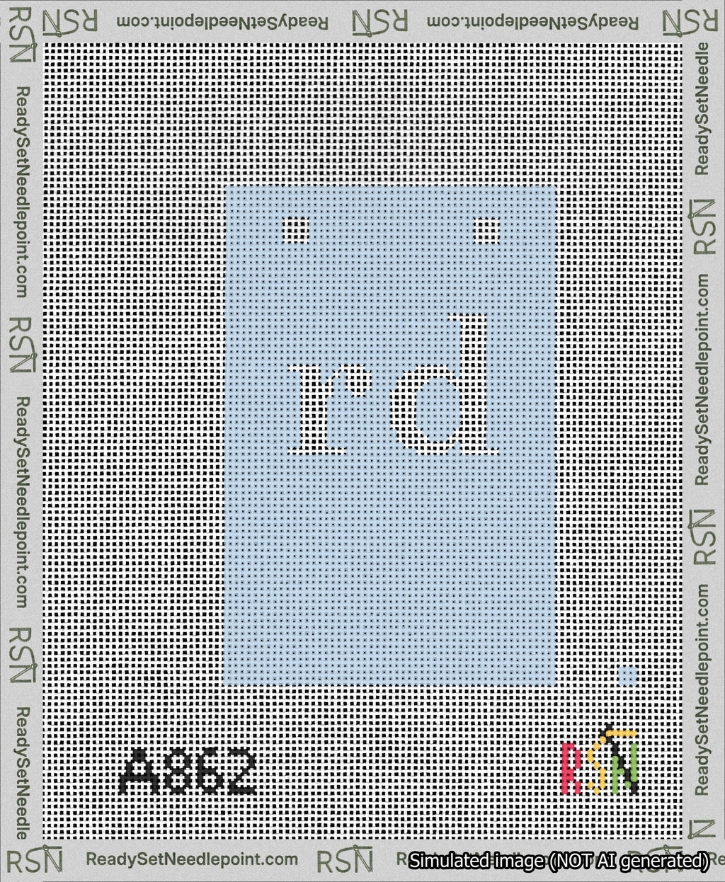 A taped needlepoint canvas with the design: Banner 13 mesh count Squared rd White on Light Blue.