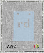 A taped needlepoint canvas with the design: Banner 13 mesh count Squared rd White on Light Blue.