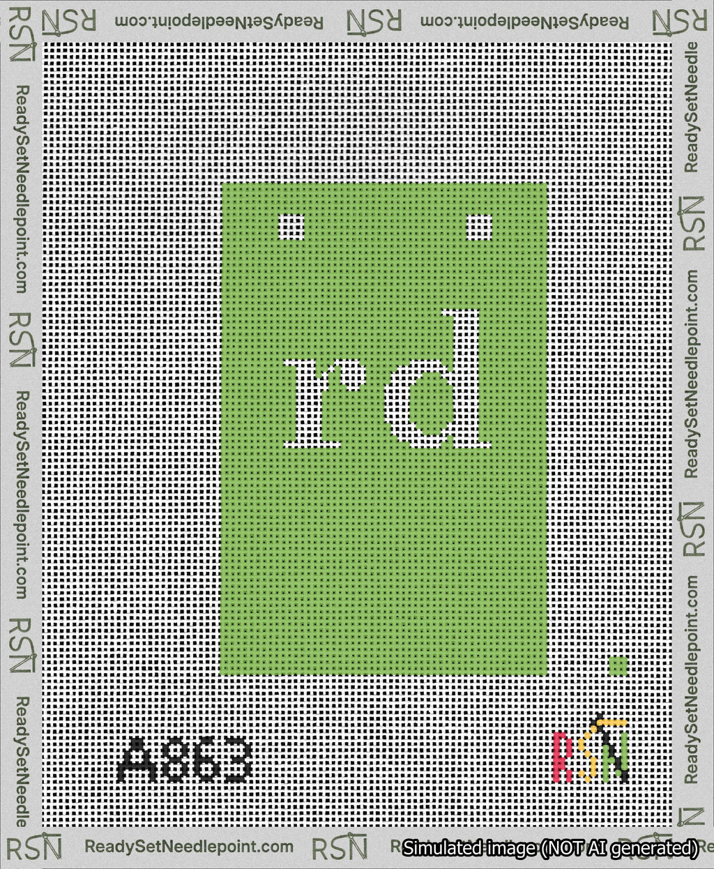 A taped needlepoint canvas with the design: Banner 13 mesh count Squared rd White on Light Green.