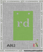 A taped needlepoint canvas with the design: Banner 13 mesh count Squared rd White on Light Green.