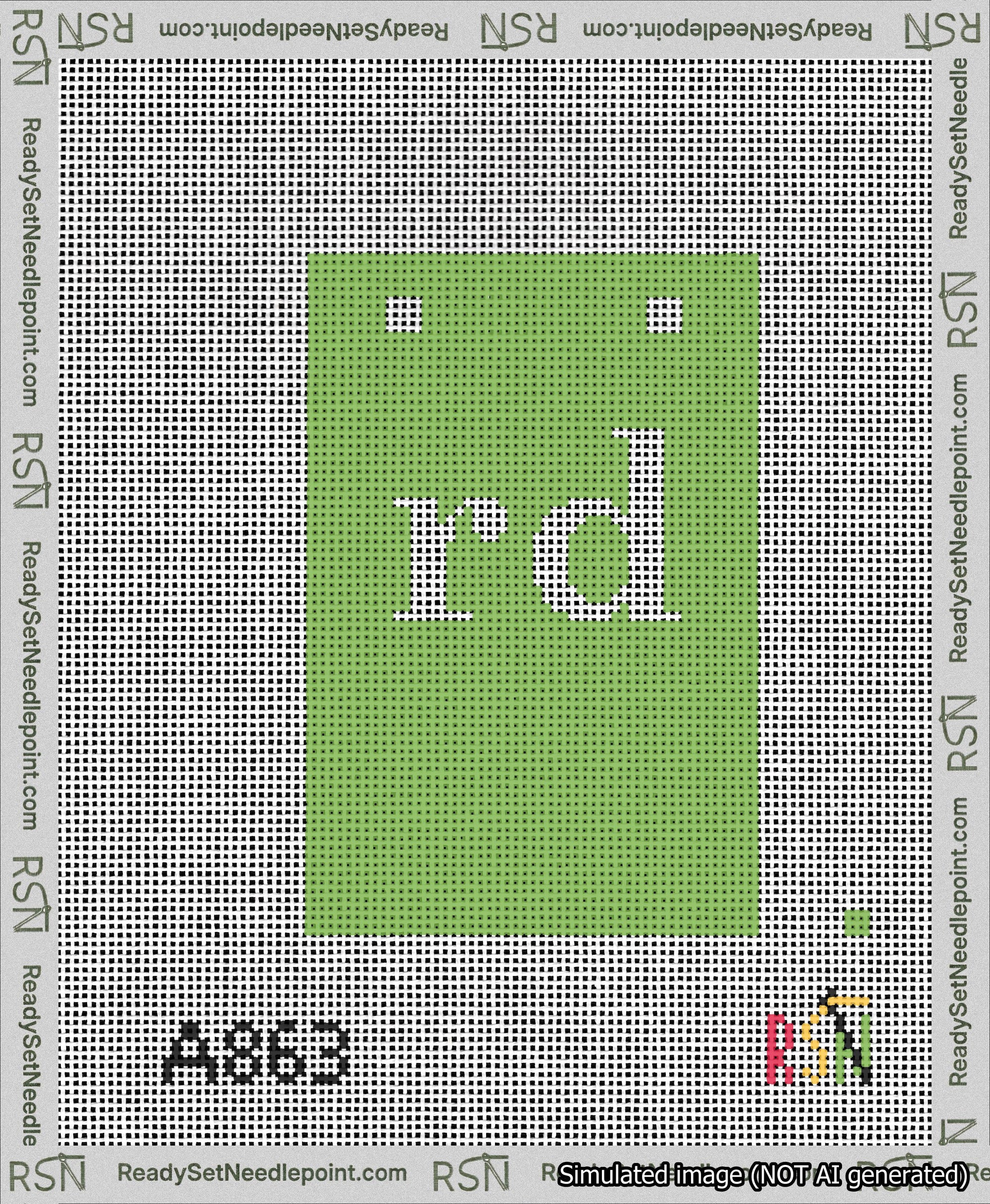 A taped needlepoint canvas with the design: Banner 13 mesh count Squared rd White on Light Green.