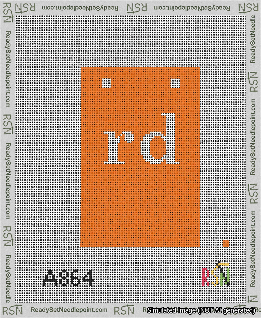 A taped needlepoint canvas with the design: Banner 13 mesh count Squared rd White on Orange.