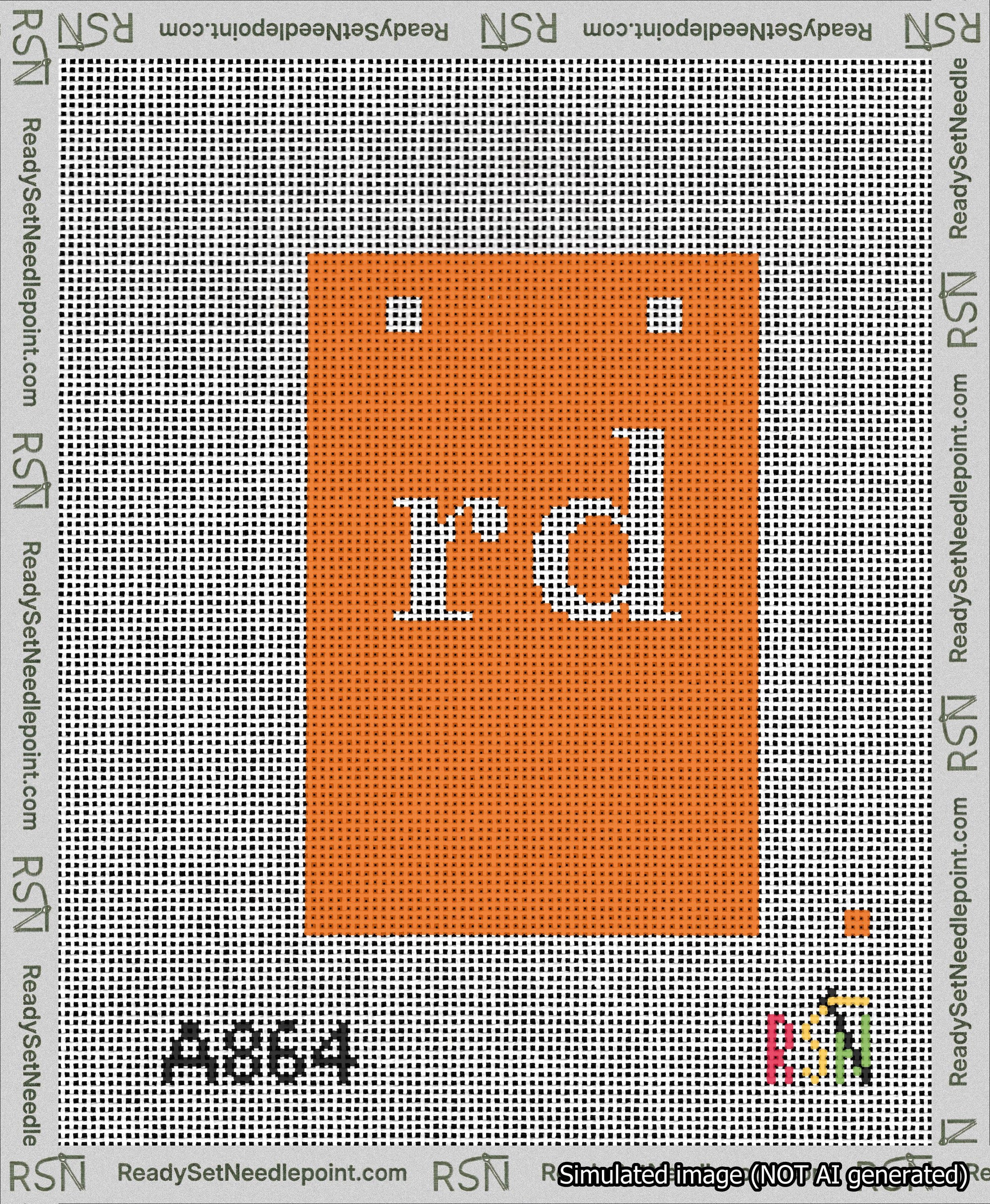 A taped needlepoint canvas with the design: Banner 13 mesh count Squared rd White on Orange.