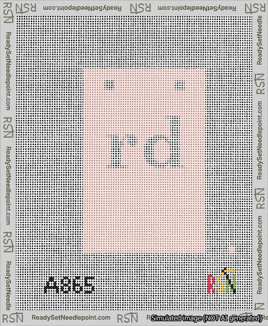 A taped needlepoint canvas with the design: Banner 13 mesh count Squared rd White on Pink.