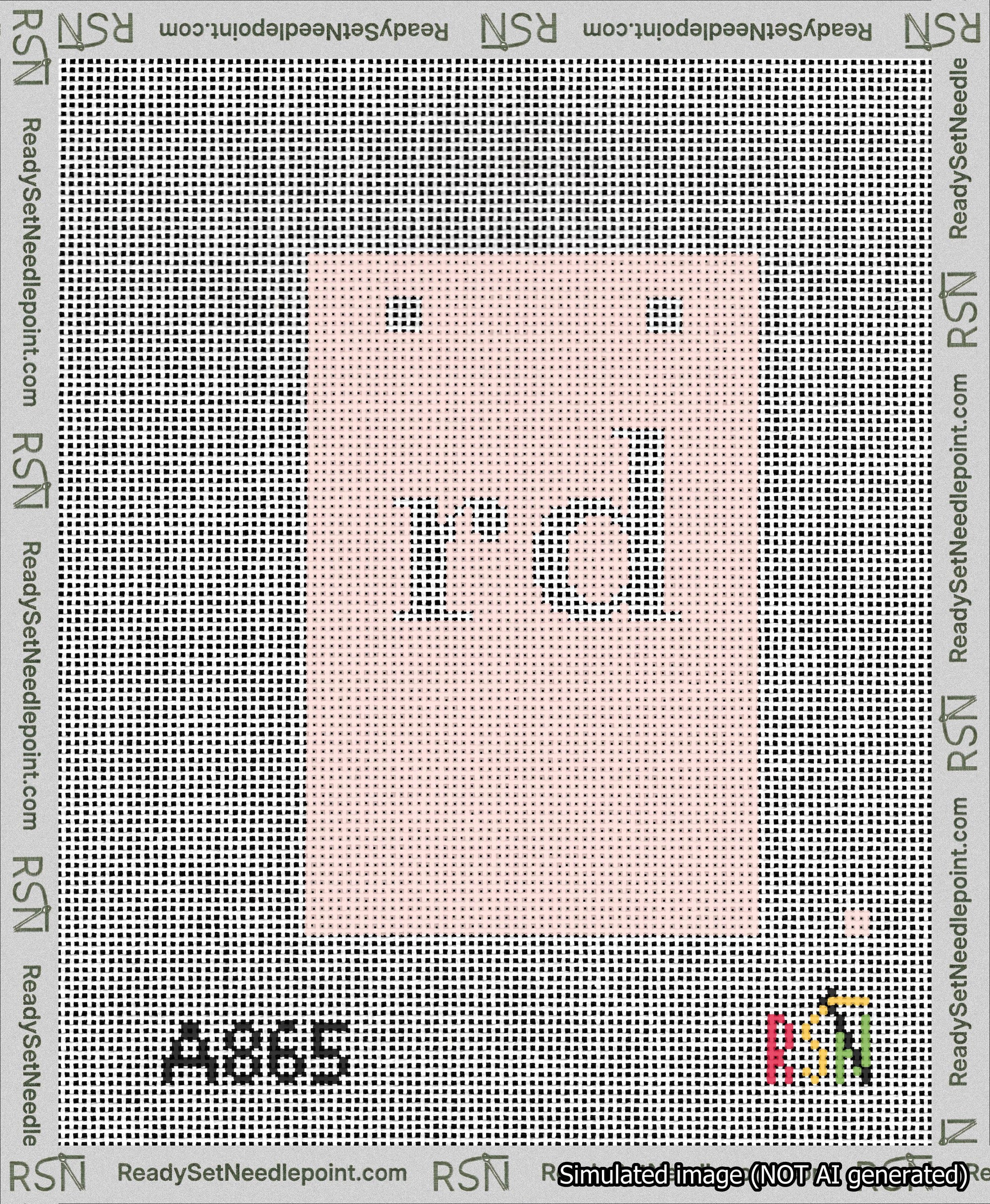 A taped needlepoint canvas with the design: Banner 13 mesh count Squared rd White on Pink.