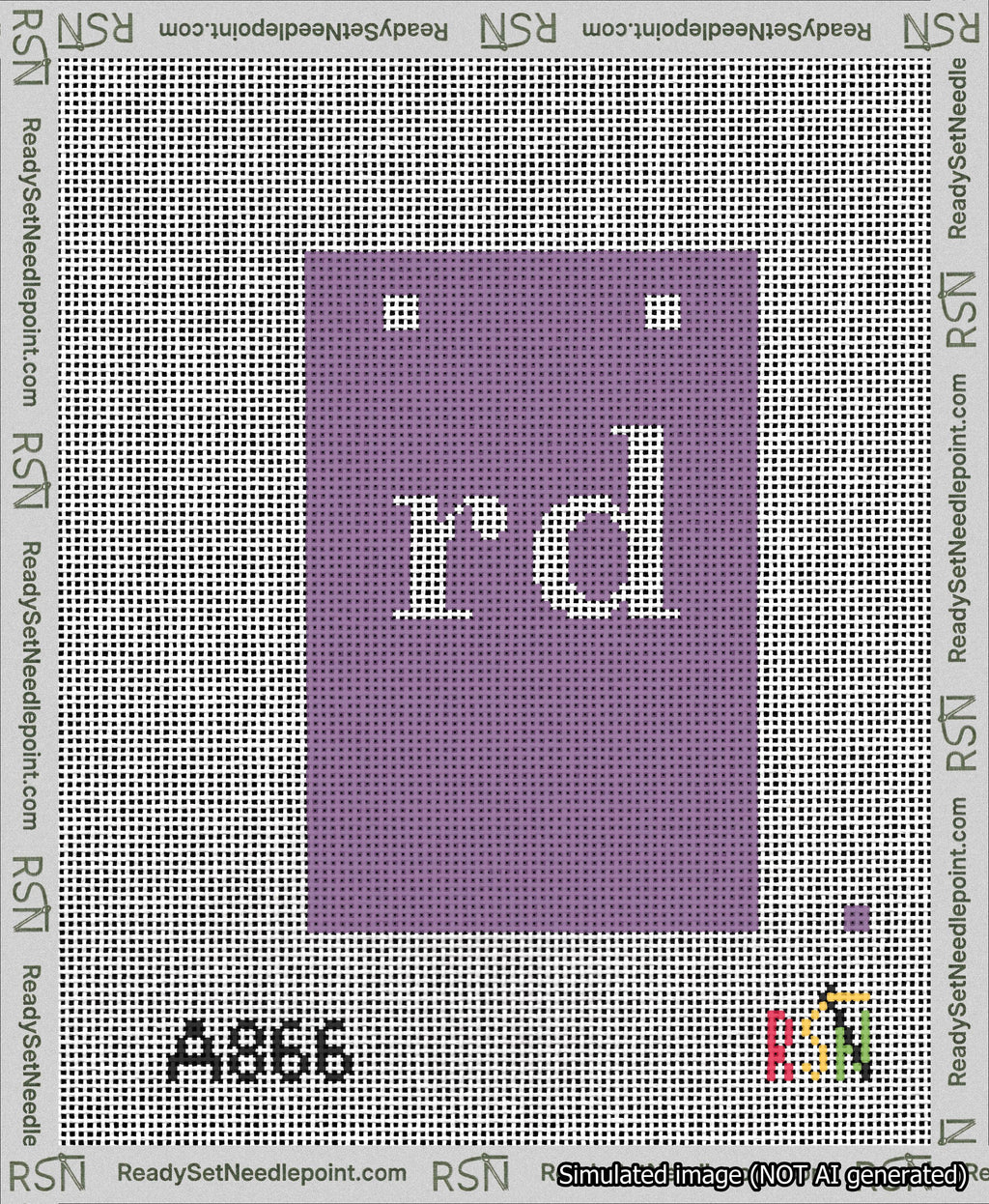 A taped needlepoint canvas with the design: Banner 13 mesh count Squared rd White on Purple.
