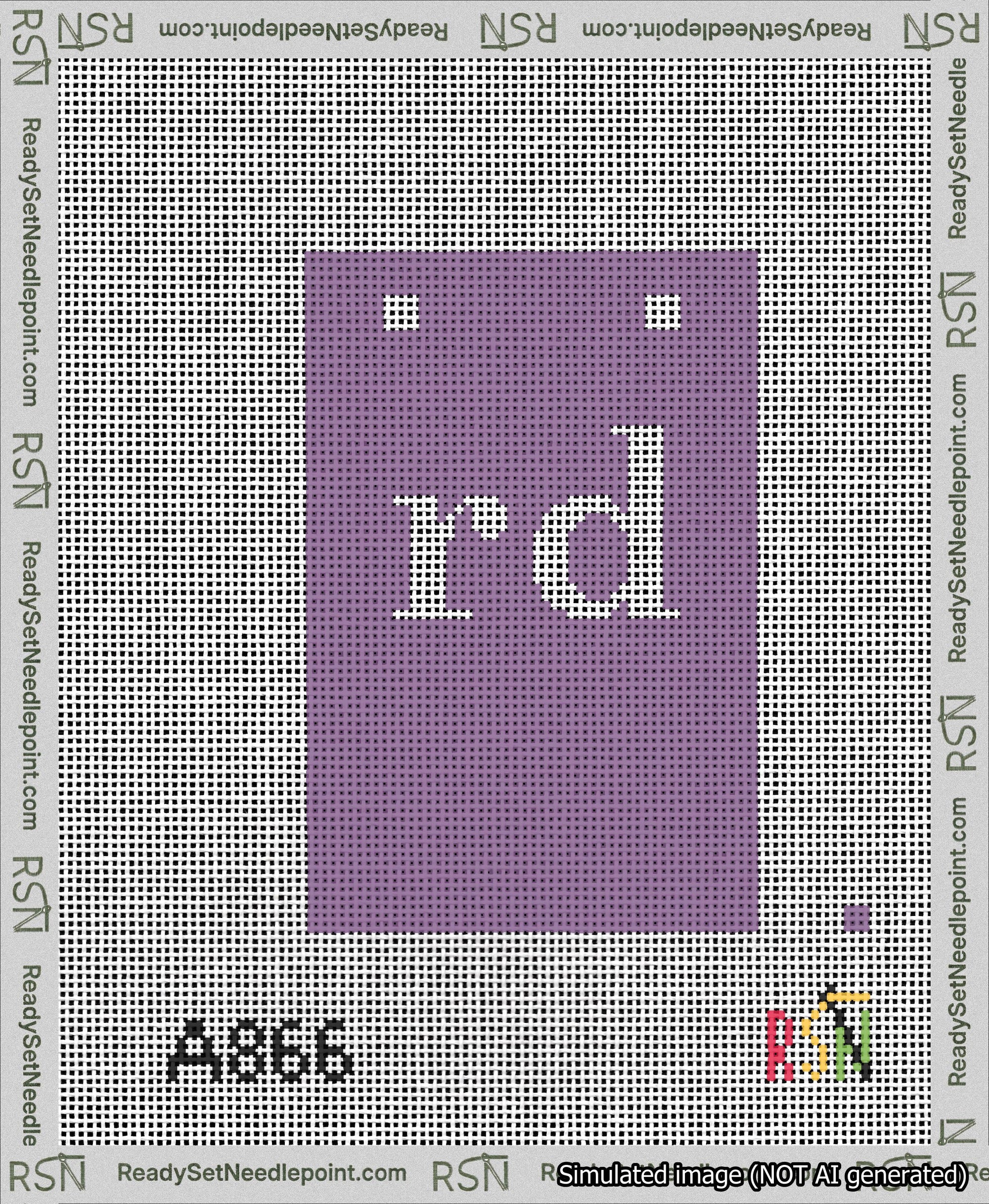 A taped needlepoint canvas with the design: Banner 13 mesh count Squared rd White on Purple.