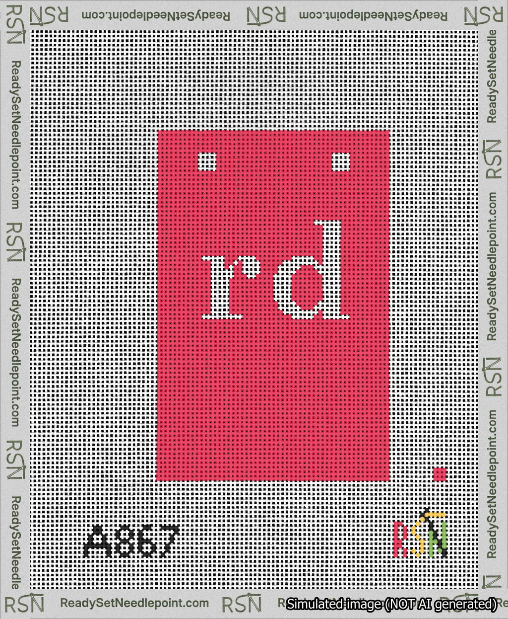 A taped needlepoint canvas with the design: Banner 13 mesh count Squared rd White on Red.