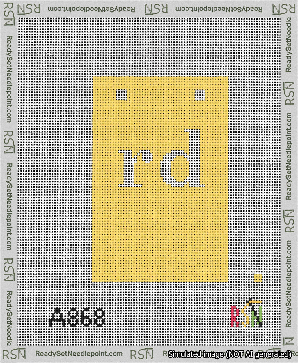 A taped needlepoint canvas with the design: Banner 13 mesh count Squared rd White on Yellow.