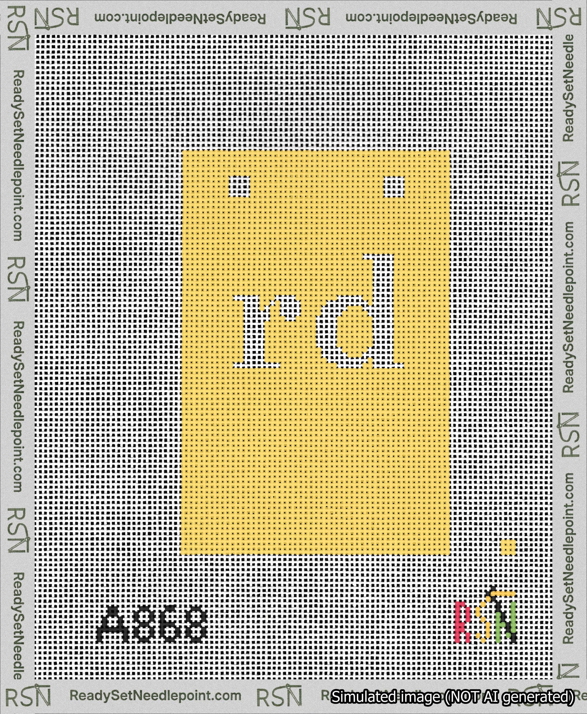 A taped needlepoint canvas with the design: Banner 13 mesh count Squared rd White on Yellow.