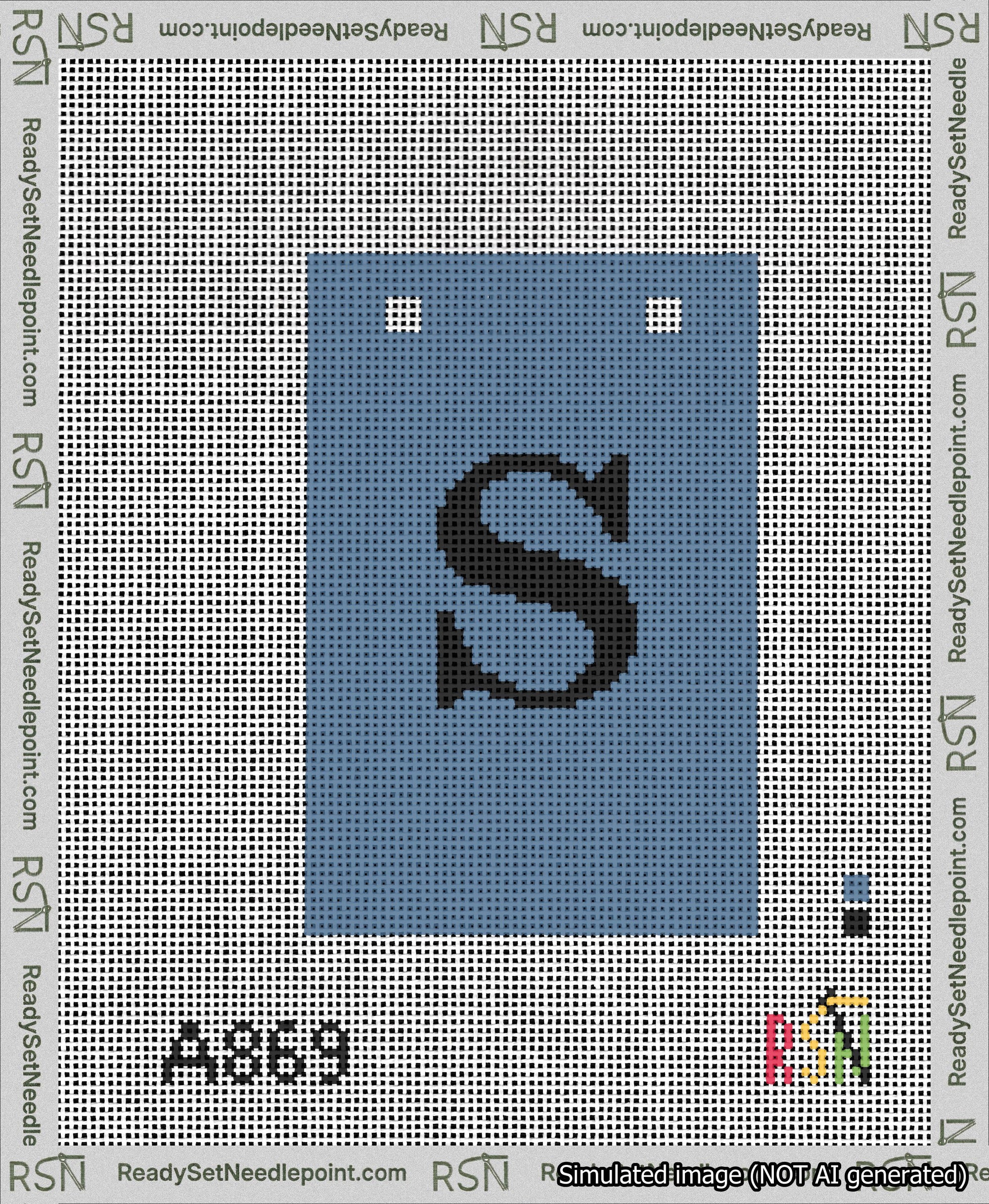 A taped needlepoint canvas with the design: Banner 13 mesh count Squared S Black on Blue.