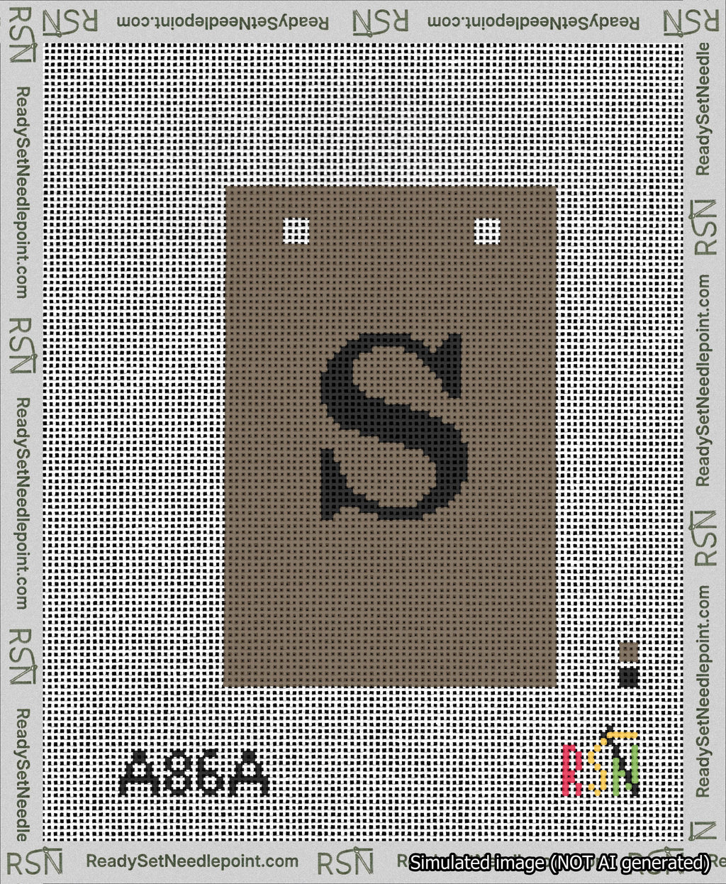 A taped needlepoint canvas with the design: Banner 13 mesh count Squared S Black on Brown.