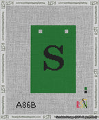 A taped needlepoint canvas with the design: Banner 13 mesh count Squared S Black on Green.