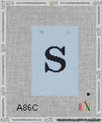 A taped needlepoint canvas with the design: Banner 13 mesh count Squared S Black on Light Blue.