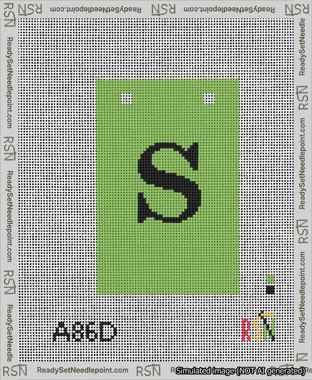 A taped needlepoint canvas with the design: Banner 13 mesh count Squared S Black on Light Green.