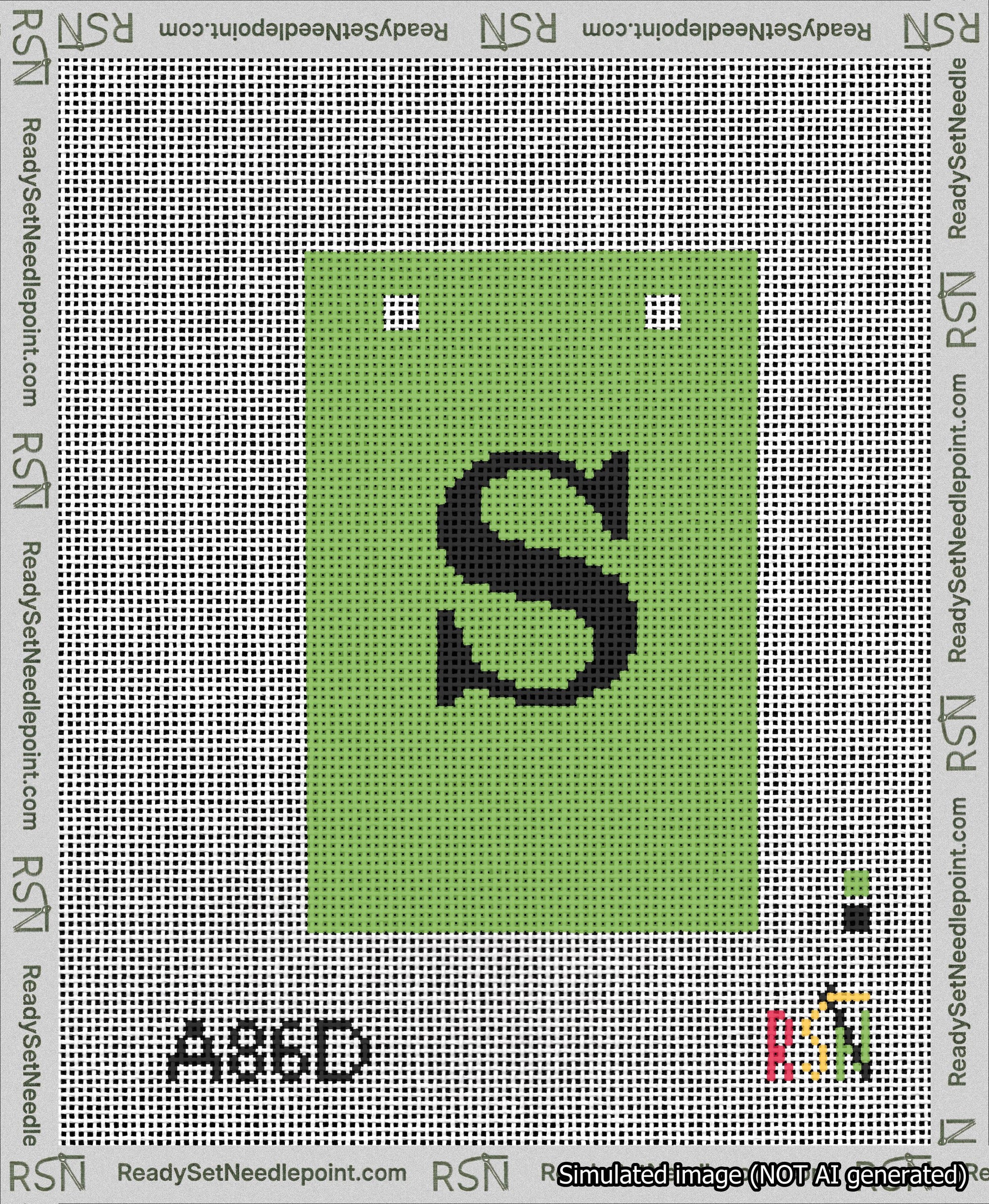 A taped needlepoint canvas with the design: Banner 13 mesh count Squared S Black on Light Green.