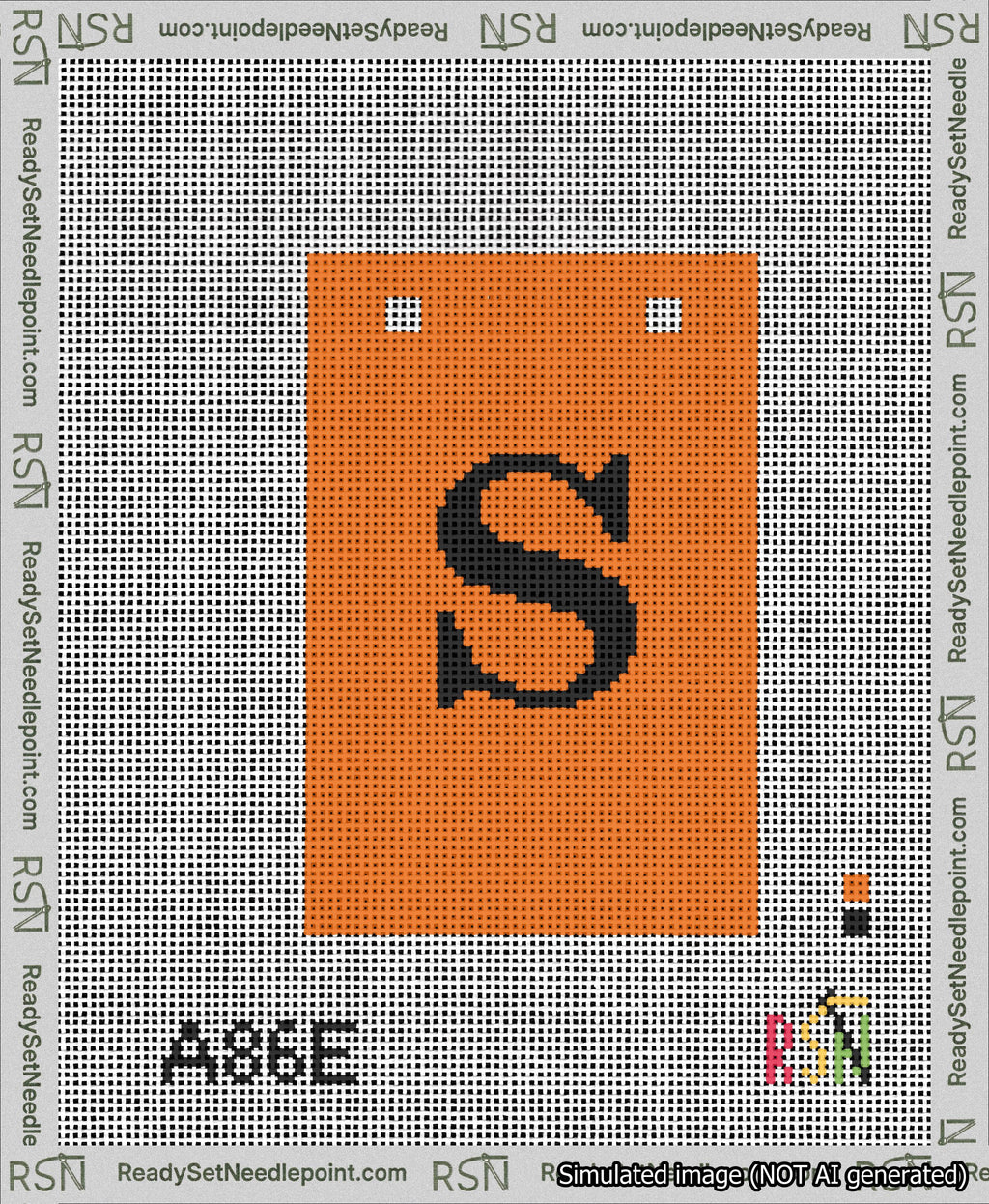 A taped needlepoint canvas with the design: Banner 13 mesh count Squared S Black on Orange.