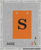 A taped needlepoint canvas with the design: Banner 13 mesh count Squared S Black on Orange.