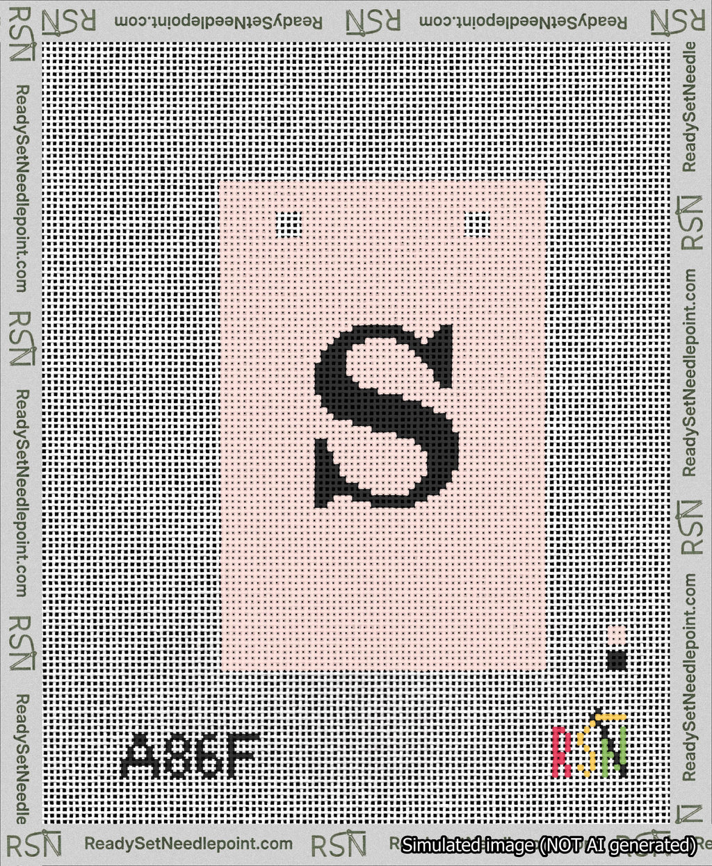 A taped needlepoint canvas with the design: Banner 13 mesh count Squared S Black on Pink.