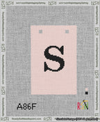 A taped needlepoint canvas with the design: Banner 13 mesh count Squared S Black on Pink.