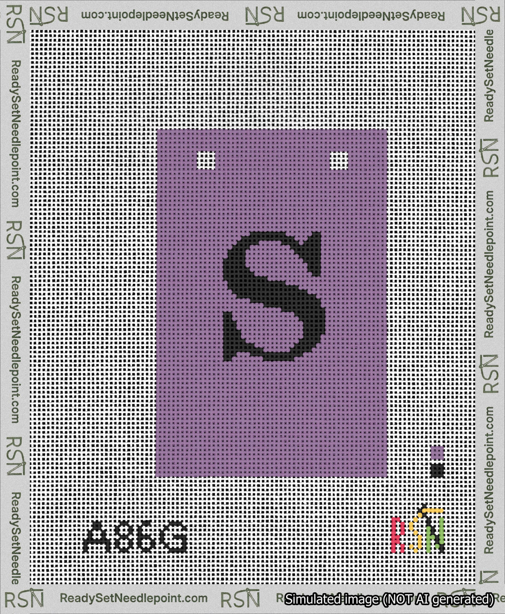 A taped needlepoint canvas with the design: Banner 13 mesh count Squared S Black on Purple.