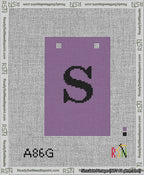 A taped needlepoint canvas with the design: Banner 13 mesh count Squared S Black on Purple.