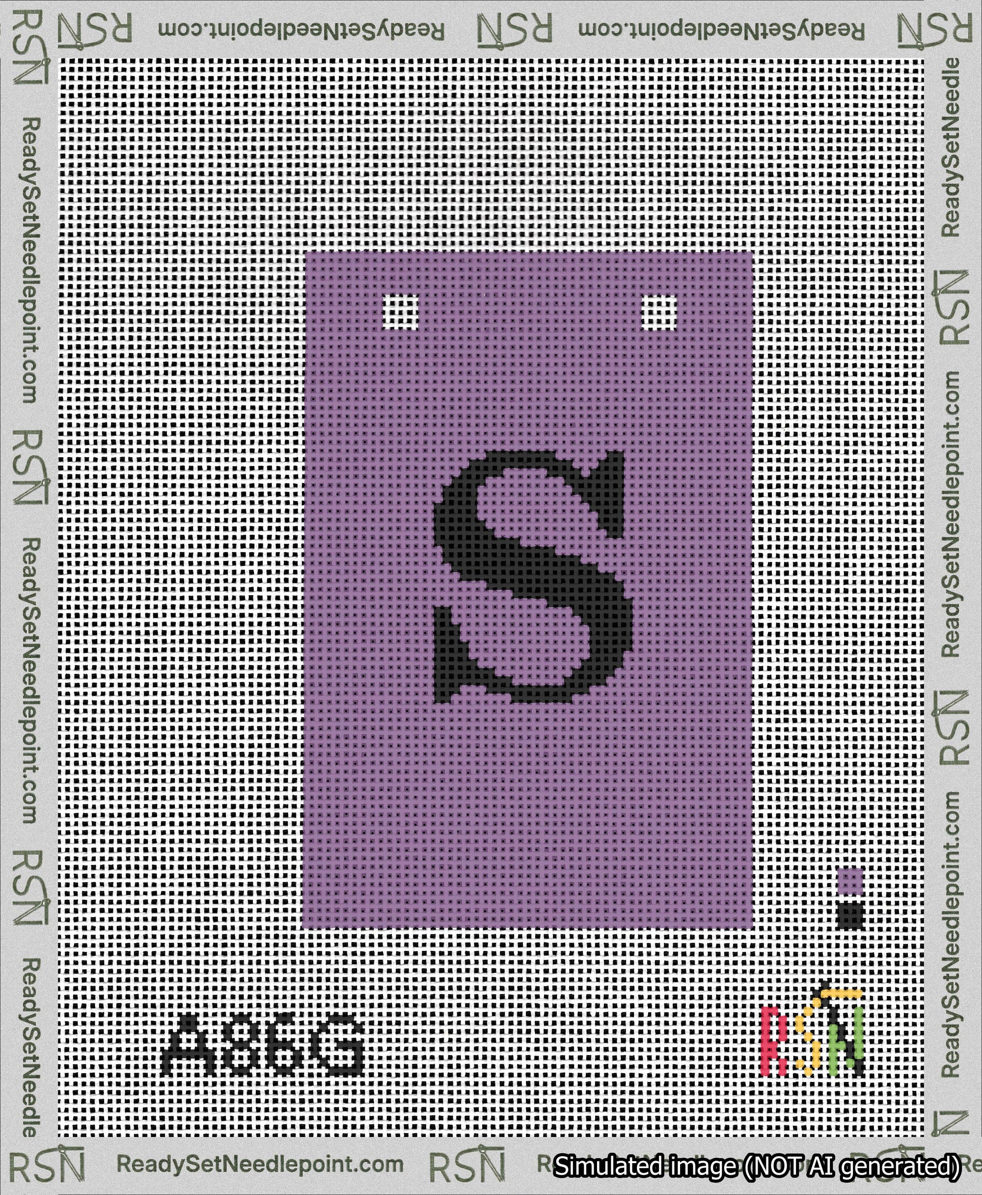 A taped needlepoint canvas with the design: Banner 13 mesh count Squared S Black on Purple.