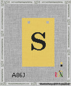 A taped needlepoint canvas with the design: Banner 13 mesh count Squared S Black on Yellow.