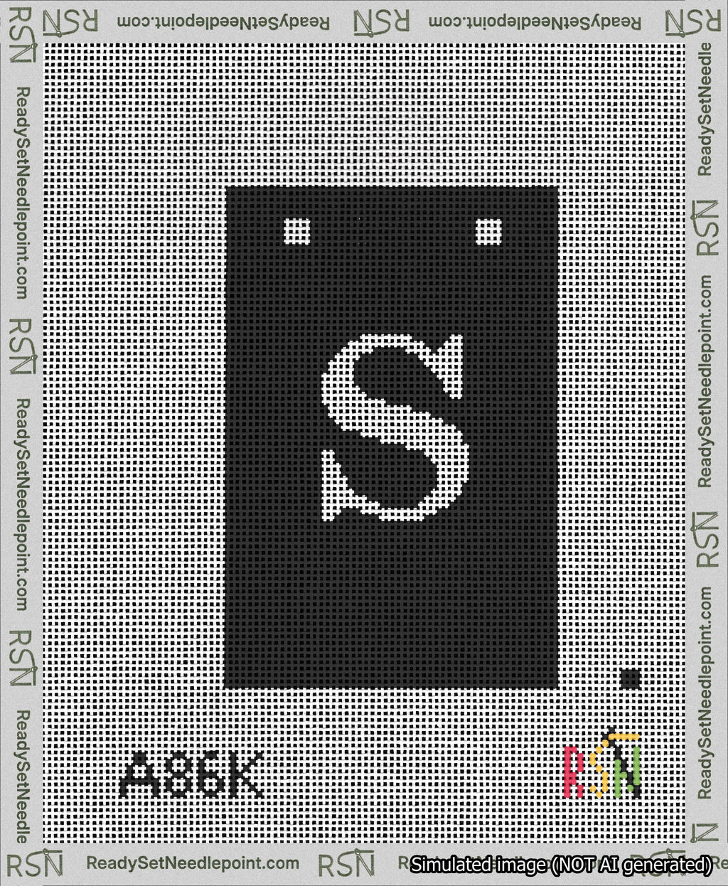 A taped needlepoint canvas with the design: Banner 13 mesh count Squared S White on Black.