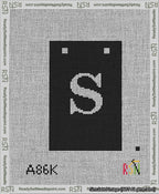 A taped needlepoint canvas with the design: Banner 13 mesh count Squared S White on Black.