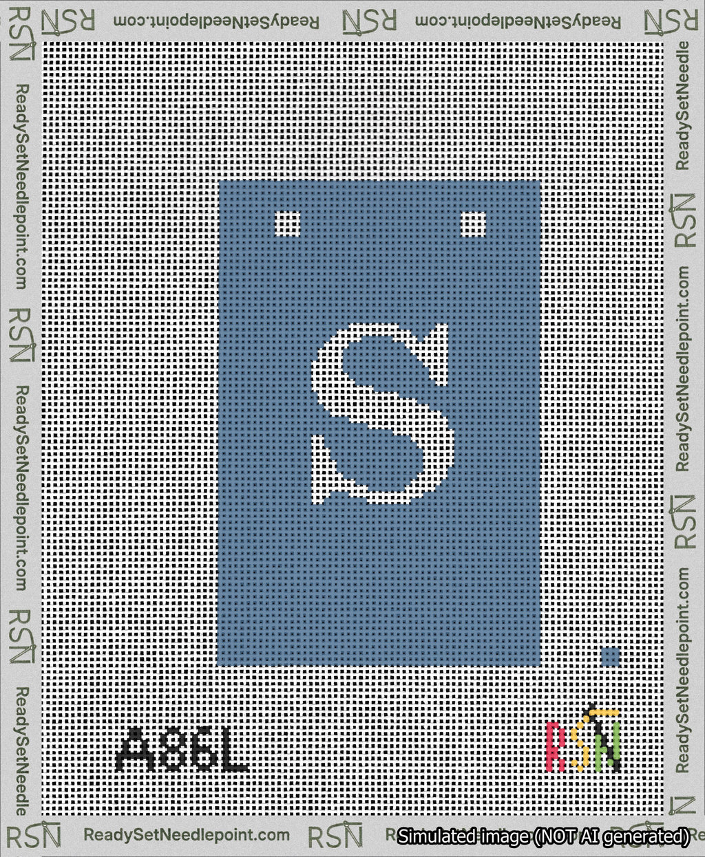 A taped needlepoint canvas with the design: Banner 13 mesh count Squared S White on Blue.