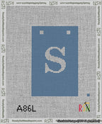 A taped needlepoint canvas with the design: Banner 13 mesh count Squared S White on Blue.