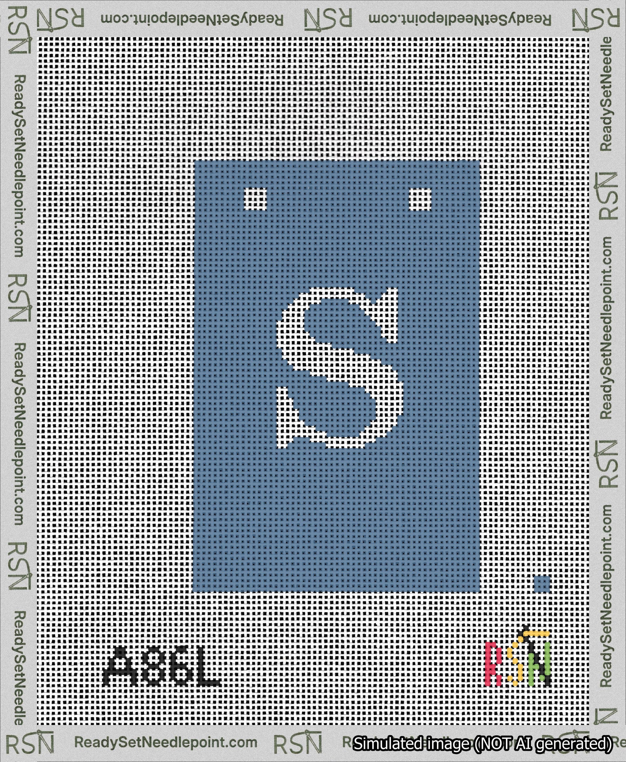 A taped needlepoint canvas with the design: Banner 13 mesh count Squared S White on Blue.