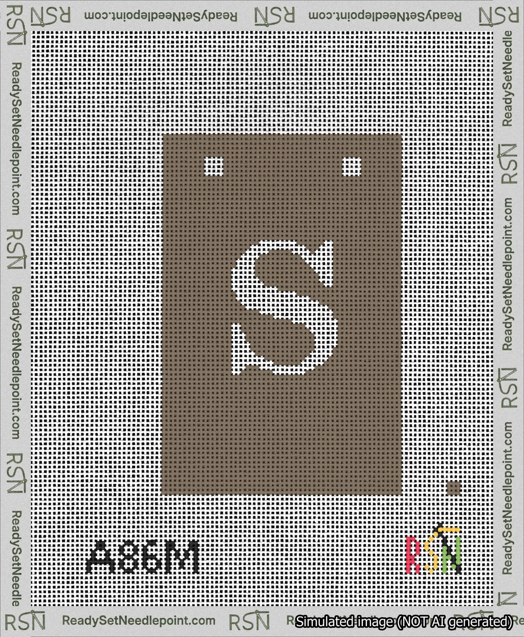 A taped needlepoint canvas with the design: Banner 13 mesh count Squared S White on Brown.
