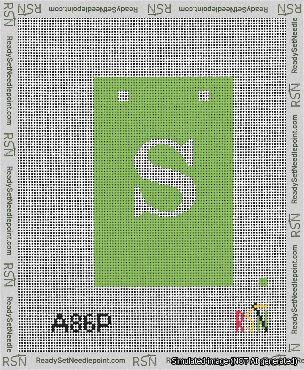A taped needlepoint canvas with the design: Banner 13 mesh count Squared S White on Light Green.