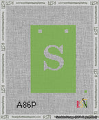 A taped needlepoint canvas with the design: Banner 13 mesh count Squared S White on Light Green.