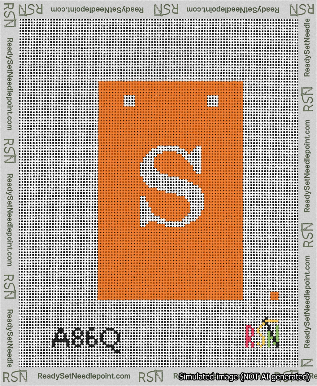 A taped needlepoint canvas with the design: Banner 13 mesh count Squared S White on Orange.