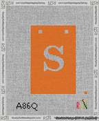 A taped needlepoint canvas with the design: Banner 13 mesh count Squared S White on Orange.