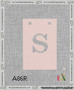 A taped needlepoint canvas with the design: Banner 13 mesh count Squared S White on Pink.